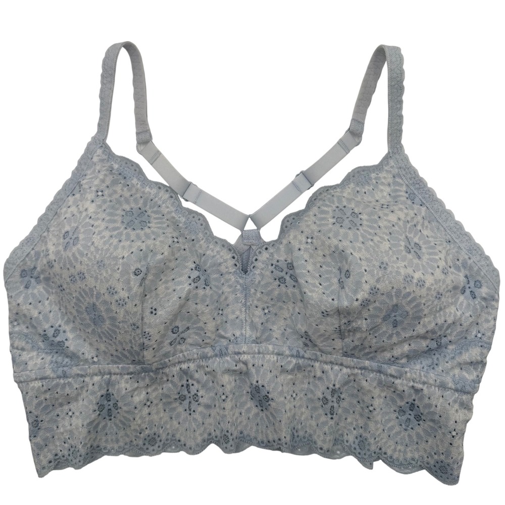 Aerie Floral Eyelet Lace Bralette Longline Boho Coquette Women XL Blue Scalloped